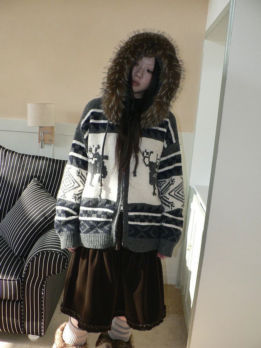 ang project Online Exclusive Vintage Loose Fit Hooded Striped Print Cropped Zip Women Jacket