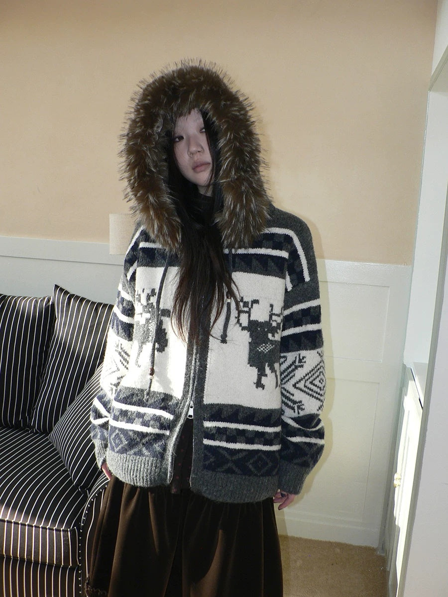 ang project Online Exclusive Vintage Loose Fit Hooded Striped Print Cropped Zip Women Jacket