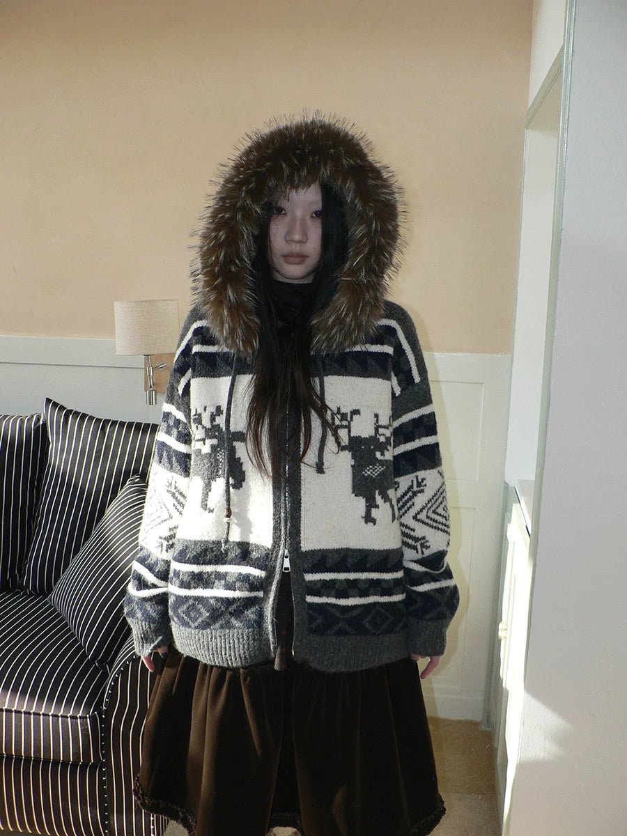 ang project Online Exclusive Vintage Loose Fit Hooded Striped Print Cropped Zip Women Jacket