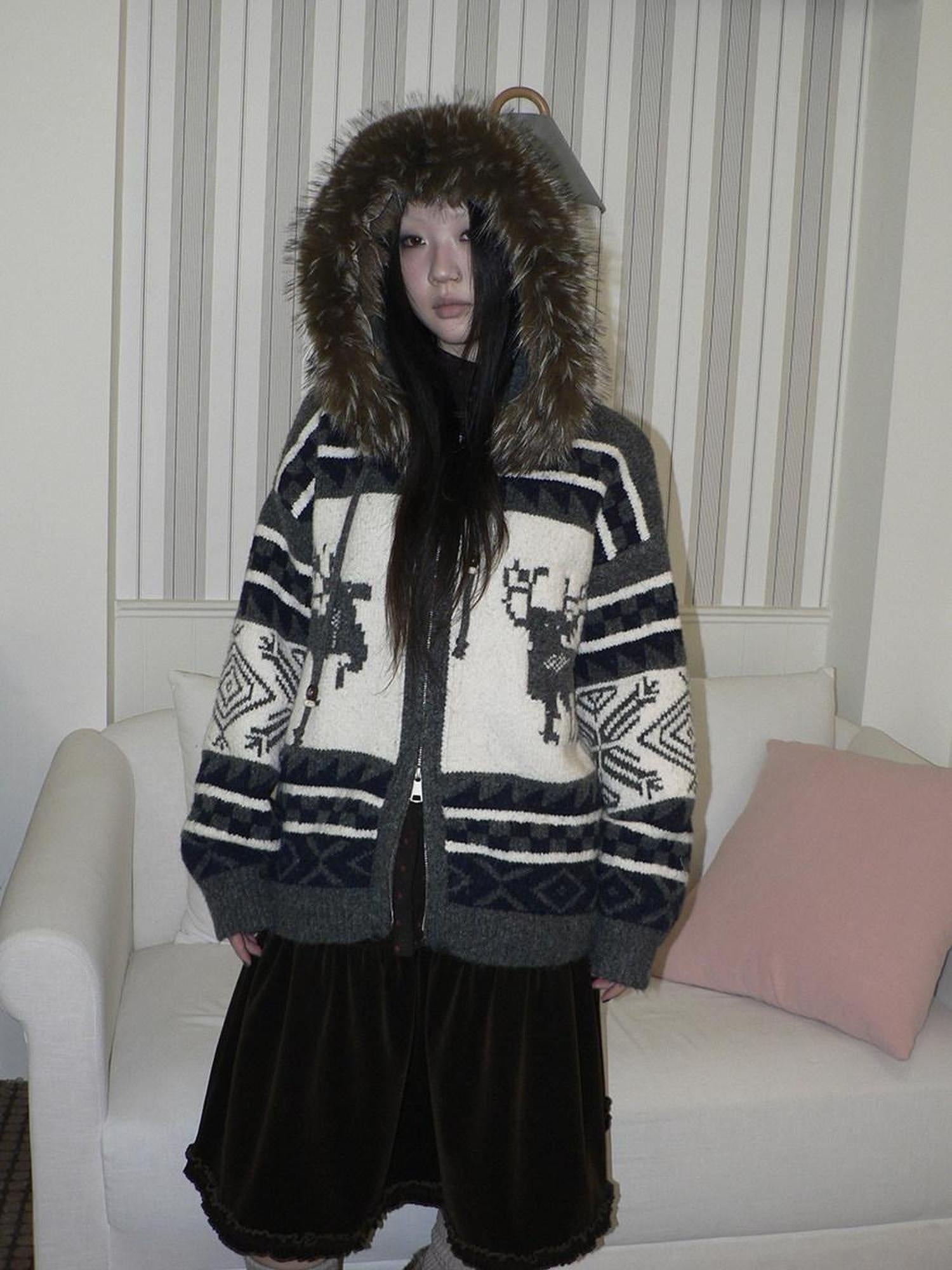ang project Online Exclusive Vintage Loose Fit Hooded Striped Print Cropped Zip Women Jacket