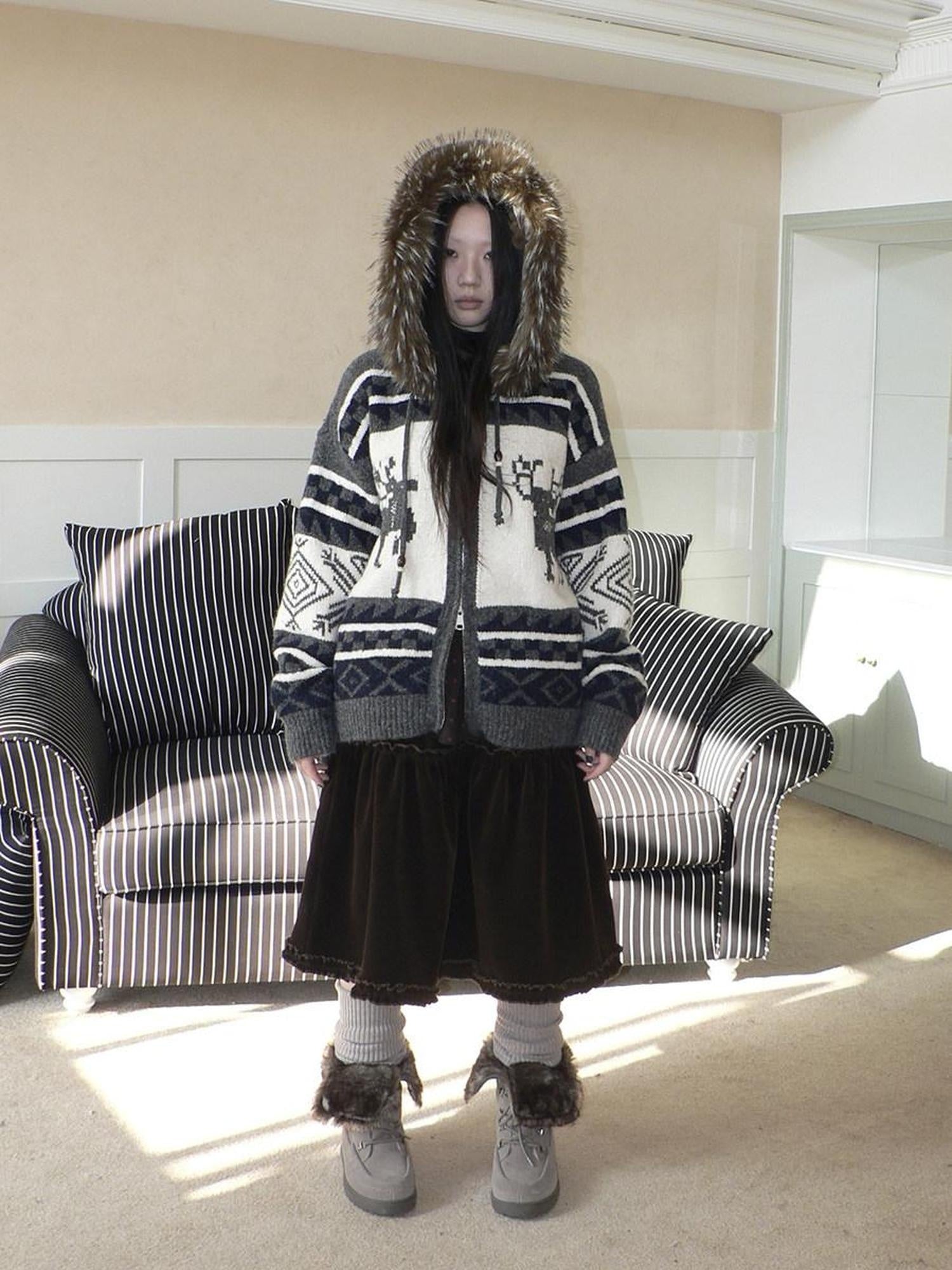 ang project Online Exclusive Vintage Loose Fit Hooded Striped Print Cropped Zip Women Jacket