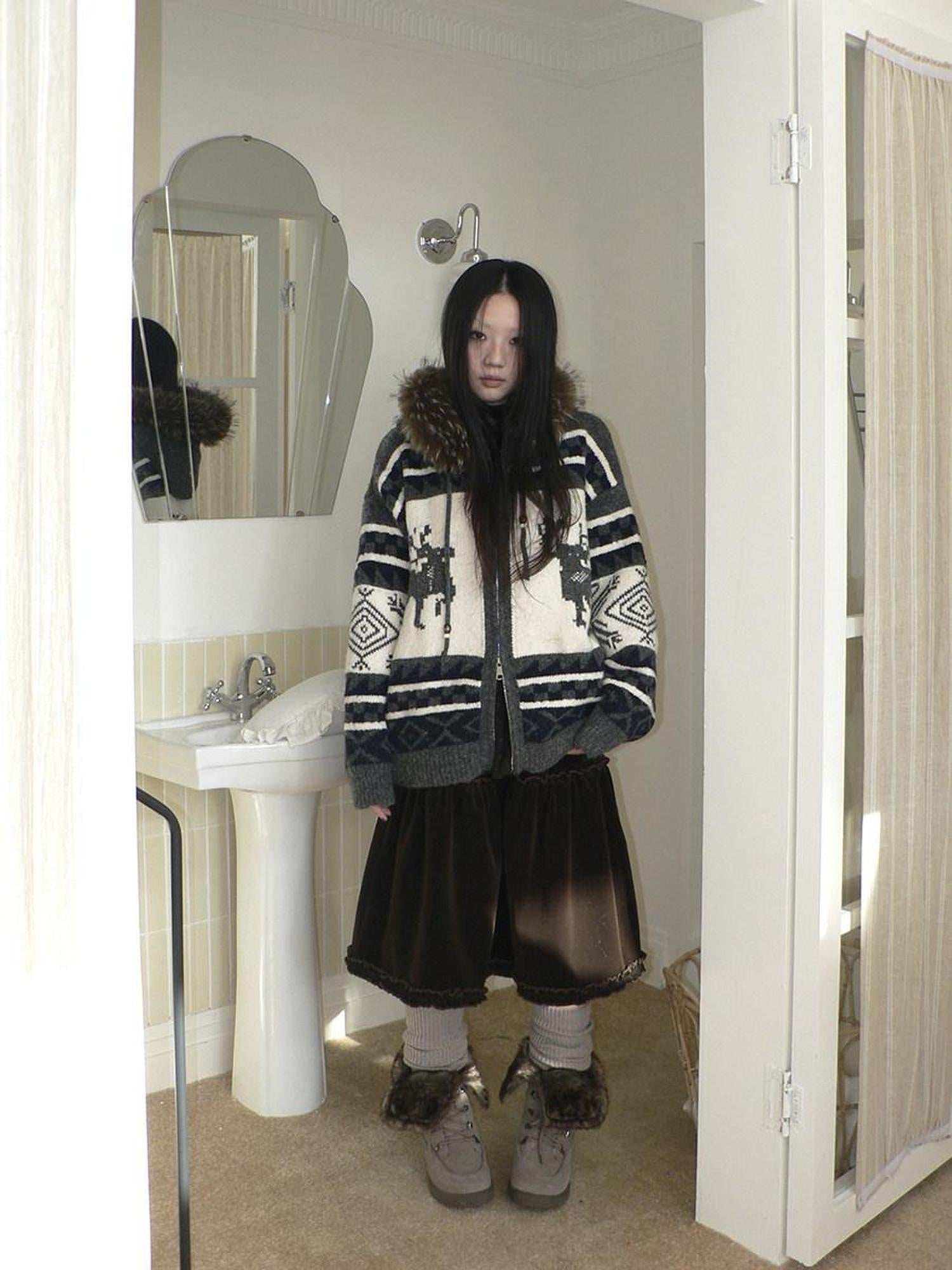 ang project Online Exclusive Vintage Loose Fit Hooded Striped Print Cropped Zip Women Jacket