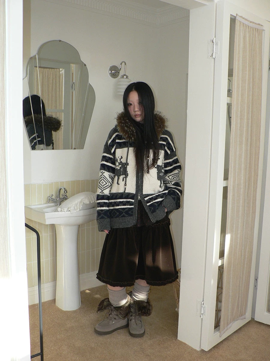 ang project Online Exclusive Vintage Loose Fit Hooded Striped Print Cropped Zip Women Jacket