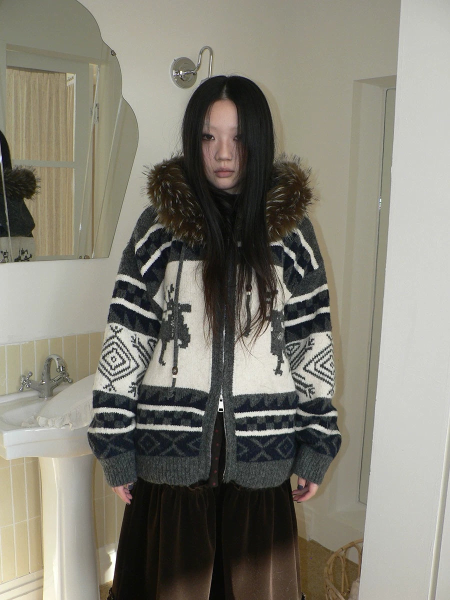 ang project Online Exclusive Vintage Loose Fit Hooded Striped Print Cropped Zip Women Jacket
