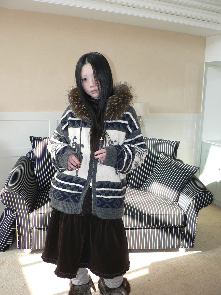ang project Online Exclusive Vintage Loose Fit Hooded Striped Print Cropped Zip Women Jacket