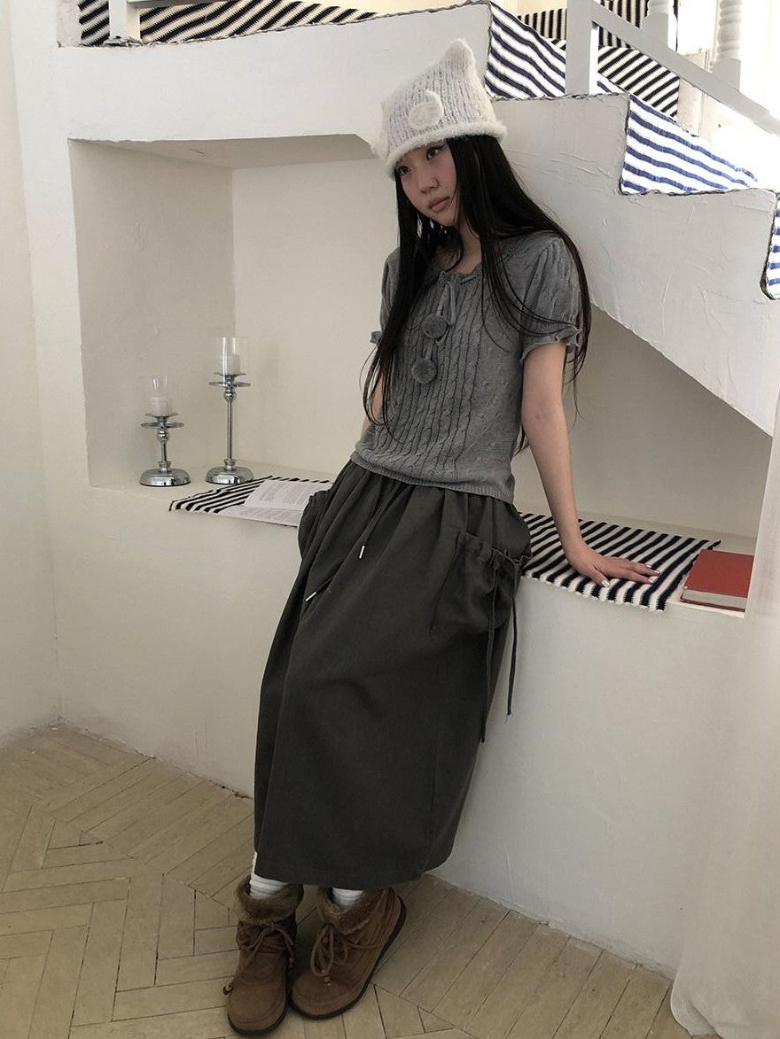 ang project Openwork V-neck Drawstring Pompom Cropped Short Sleeve Women&