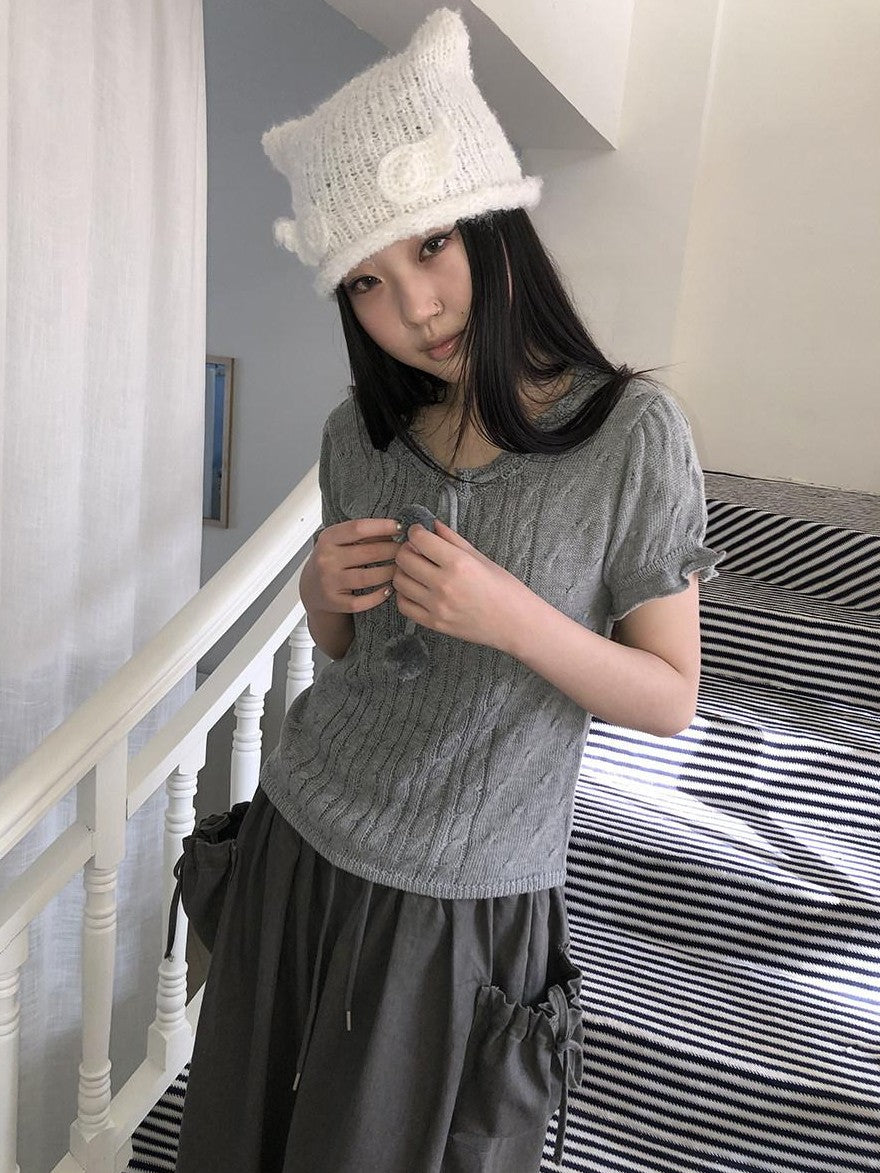 ang project Openwork V-neck Drawstring Pompom Cropped Short Sleeve Women&
