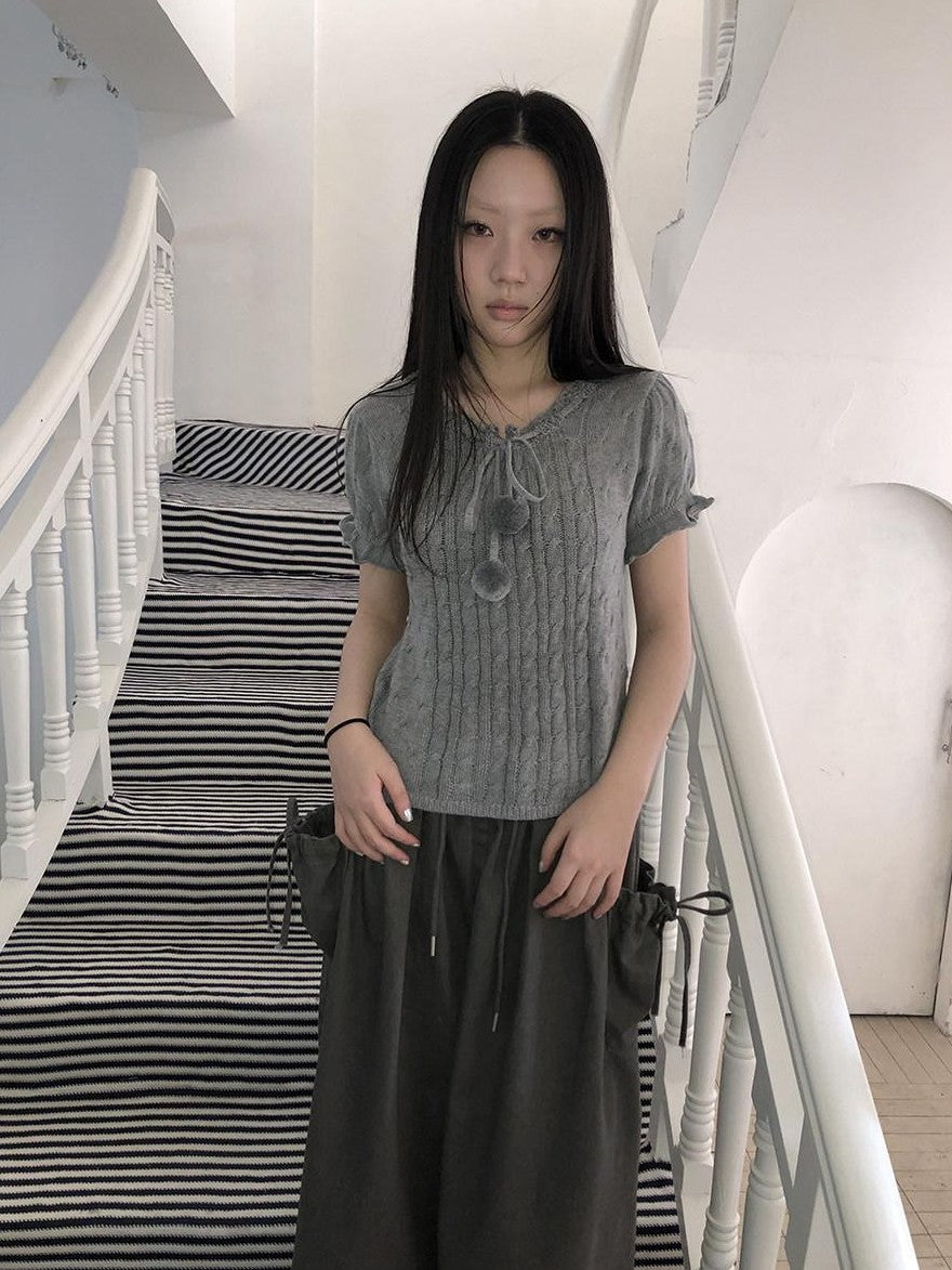 ang project Openwork V-neck Drawstring Pompom Cropped Short Sleeve Women&