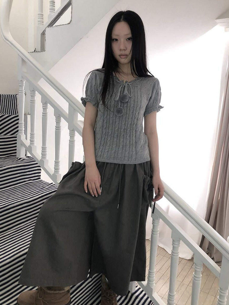 ang project Openwork V-neck Drawstring Pompom Cropped Short Sleeve Women&