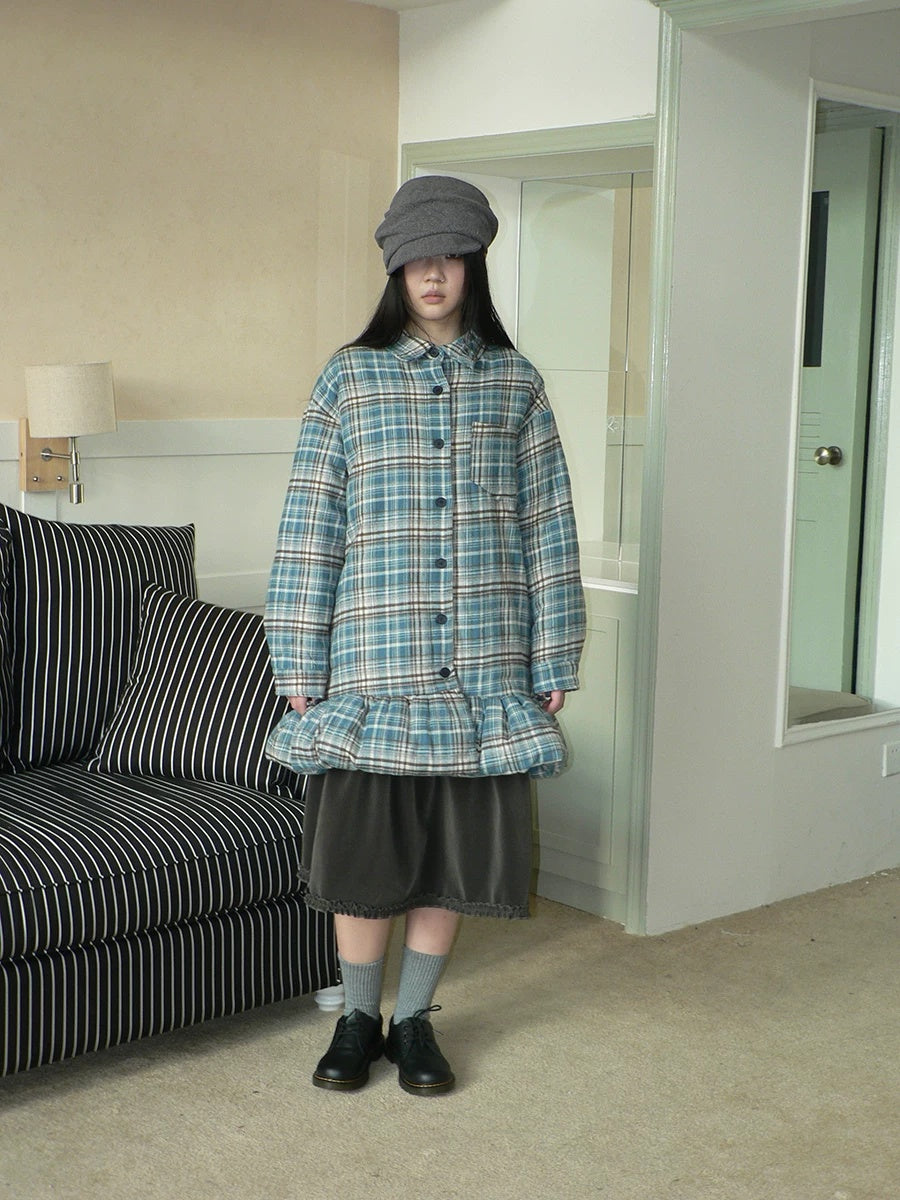 ang project Padded Quilted Vintage Plaid Loose Womens Blue One Size Midi Skirt