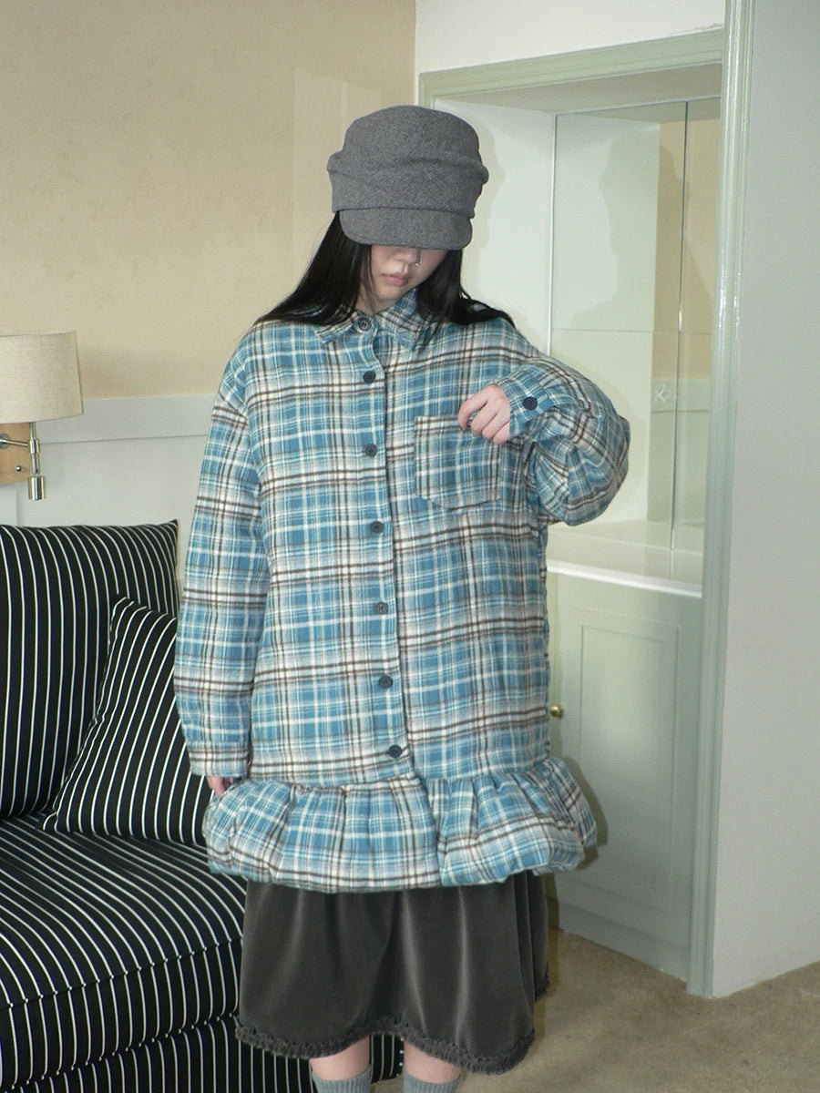 ang project Padded Quilted Vintage Plaid Loose Womens Blue One Size Midi Skirt