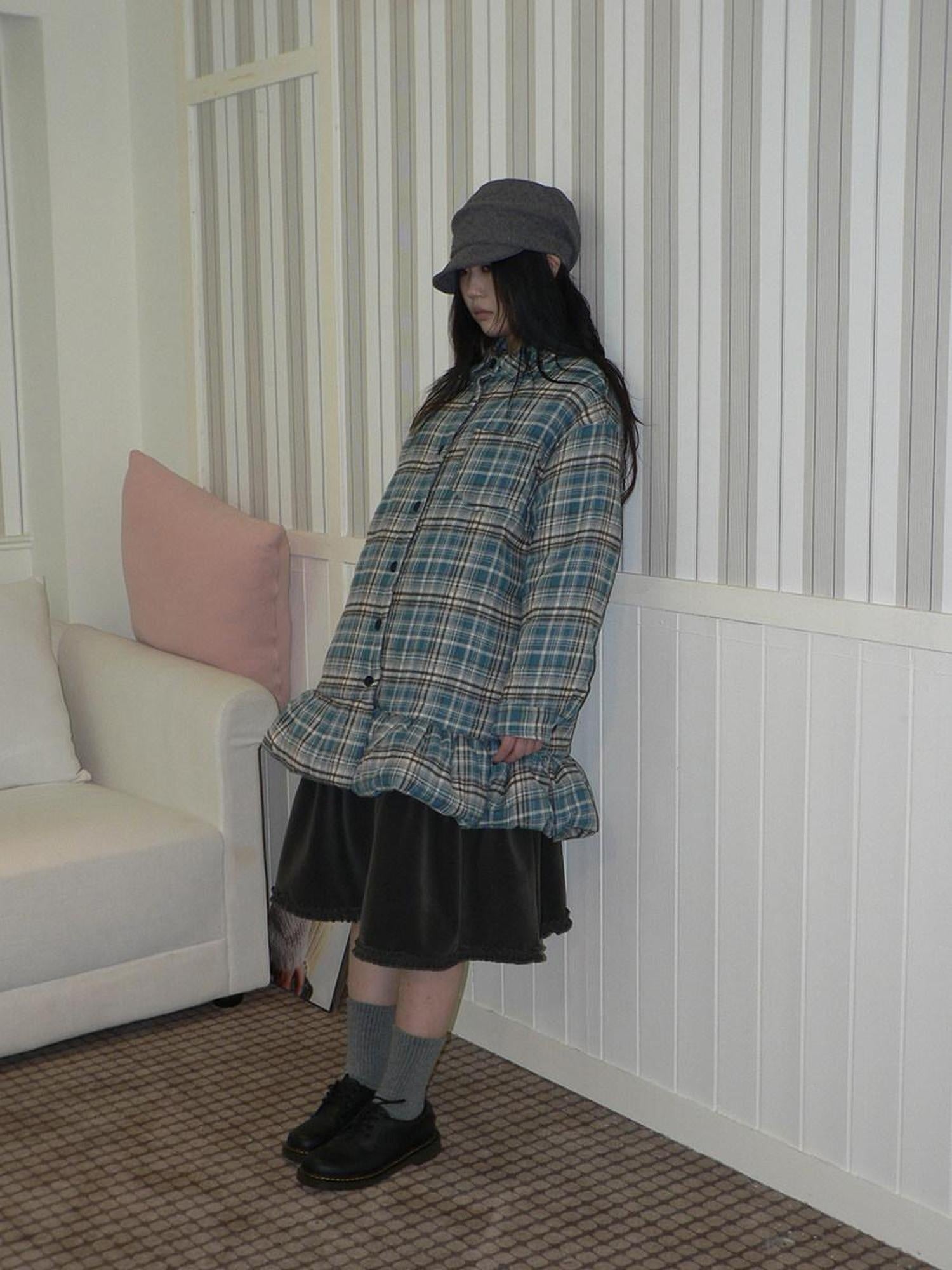 ang project Padded Quilted Vintage Plaid Loose Womens Blue One Size Midi Skirt