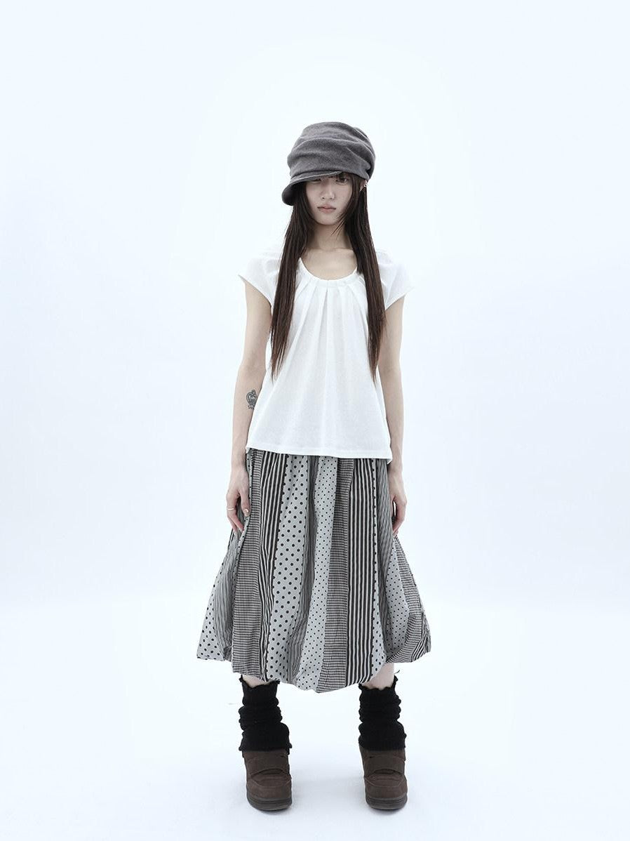 ang project Patchwork Polka Dot Striped Plaid High Waist Bubble Women&