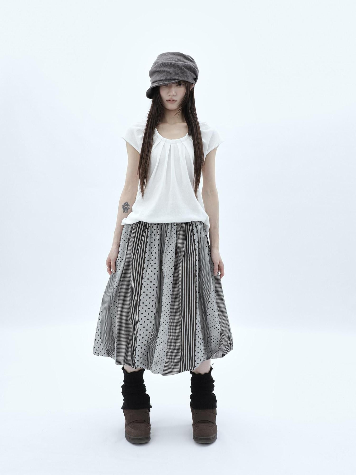 ang project Patchwork Polka Dot Striped Plaid High Waist Bubble Women&