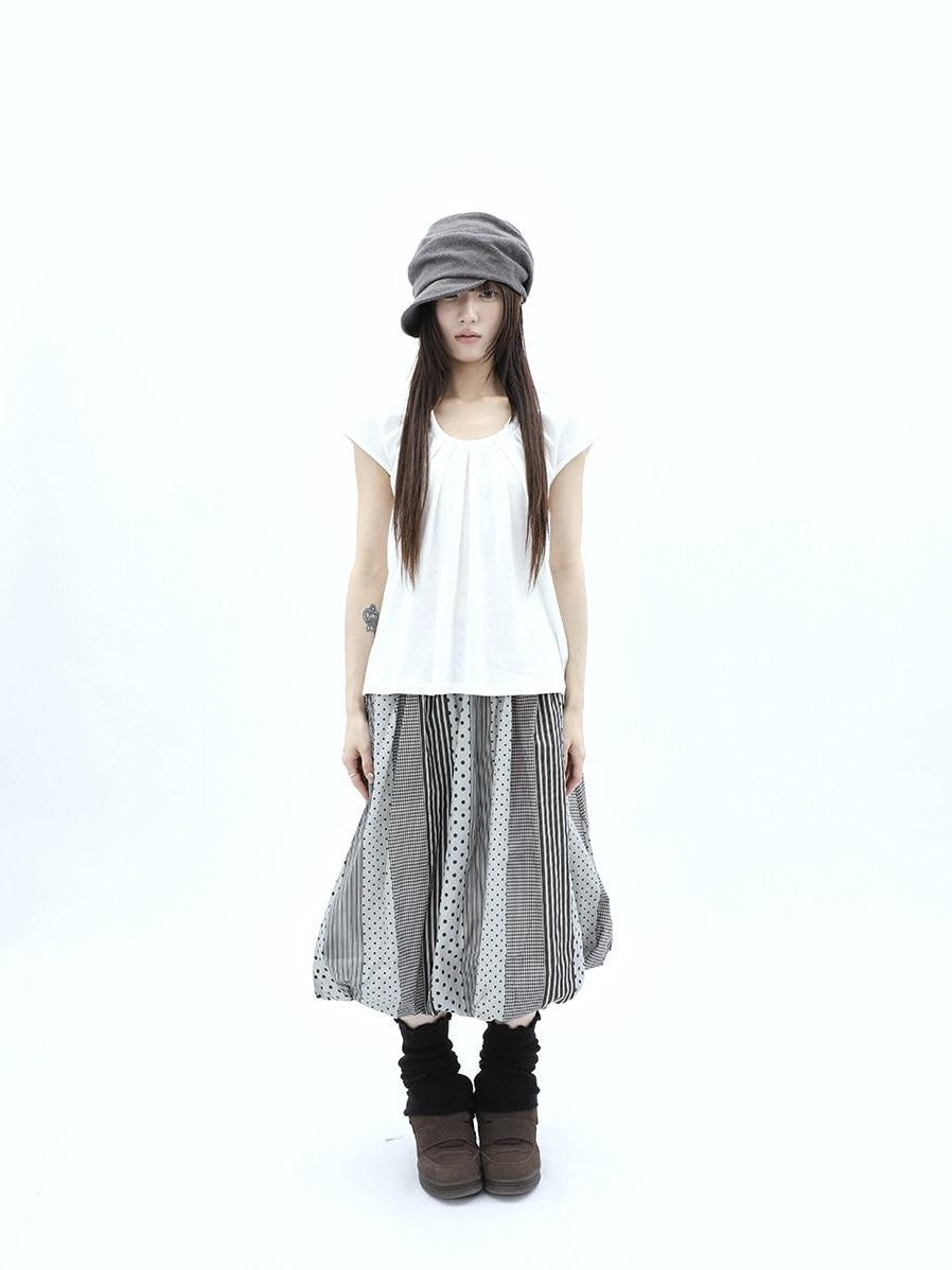 ang project Patchwork Polka Dot Striped Plaid High Waist Bubble Women&