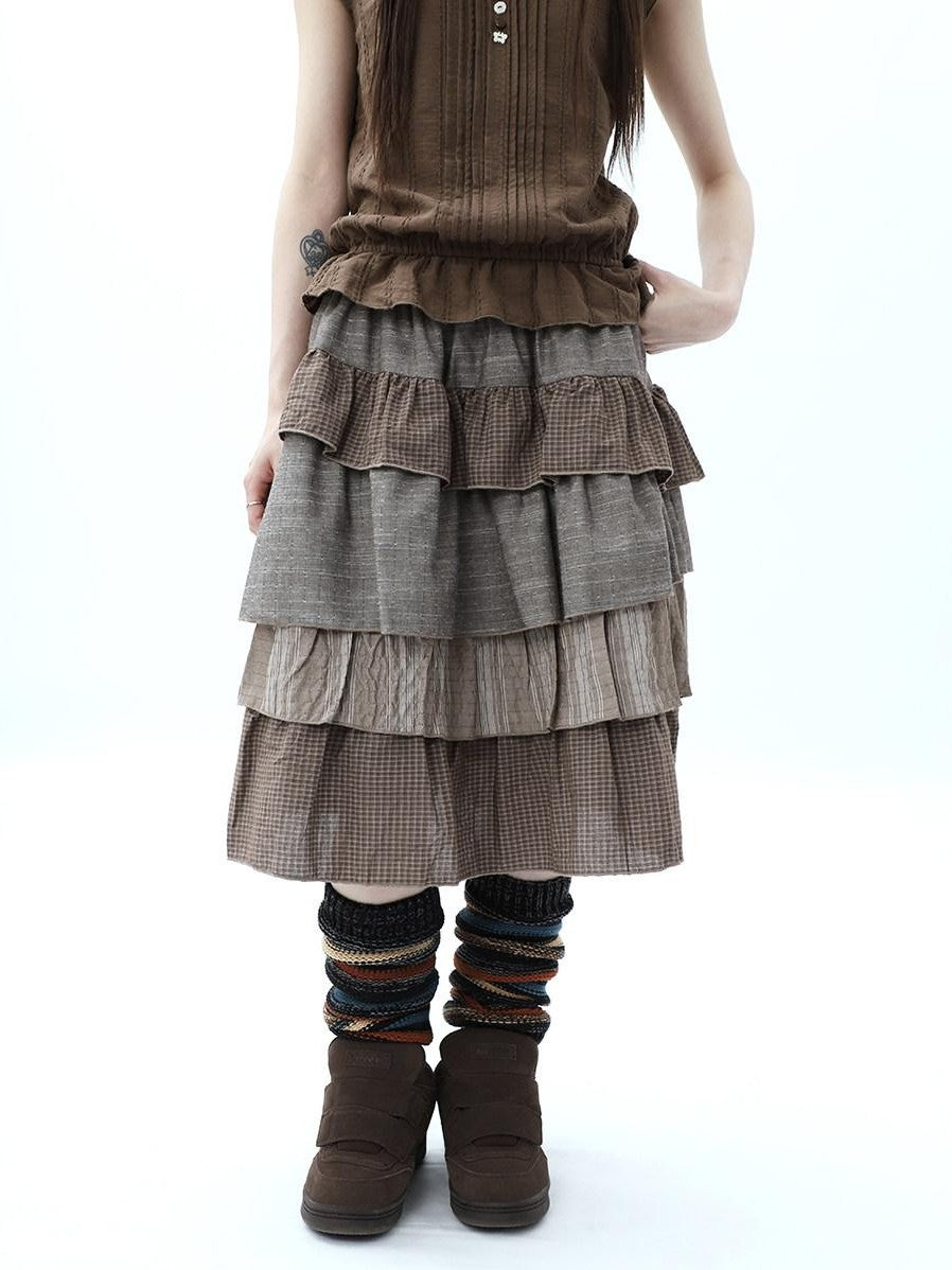 ang project Plaid Colorblock Layered Spliced Pleated Women&