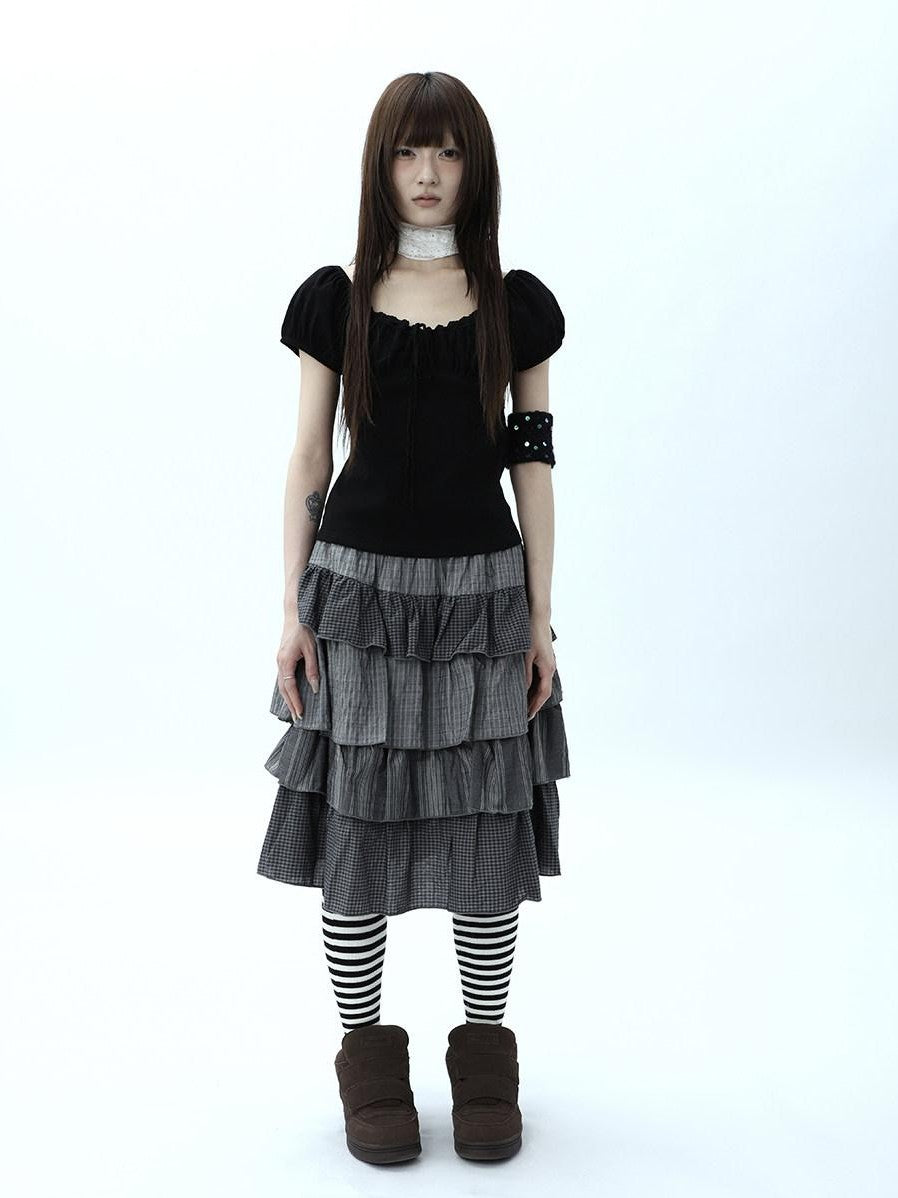 ang project Plaid Colorblock Layered Spliced Pleated Women&