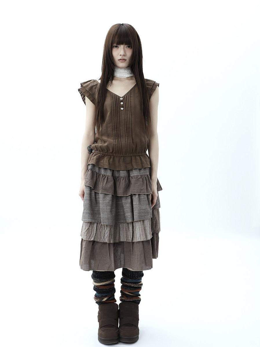 ang project Plaid Colorblock Layered Spliced Pleated Women&