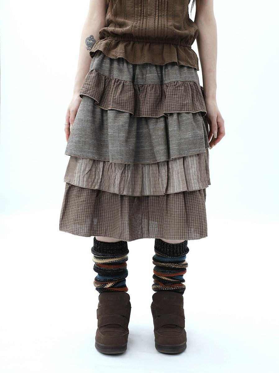 ang project Plaid Colorblock Layered Spliced Pleated Women&