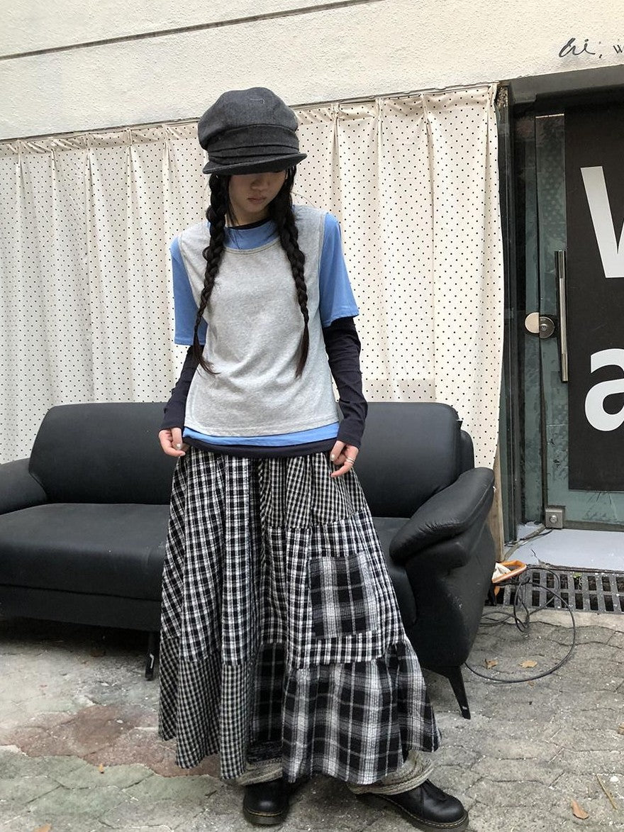ang project Plaid Contrast Color Layered Retro Women&