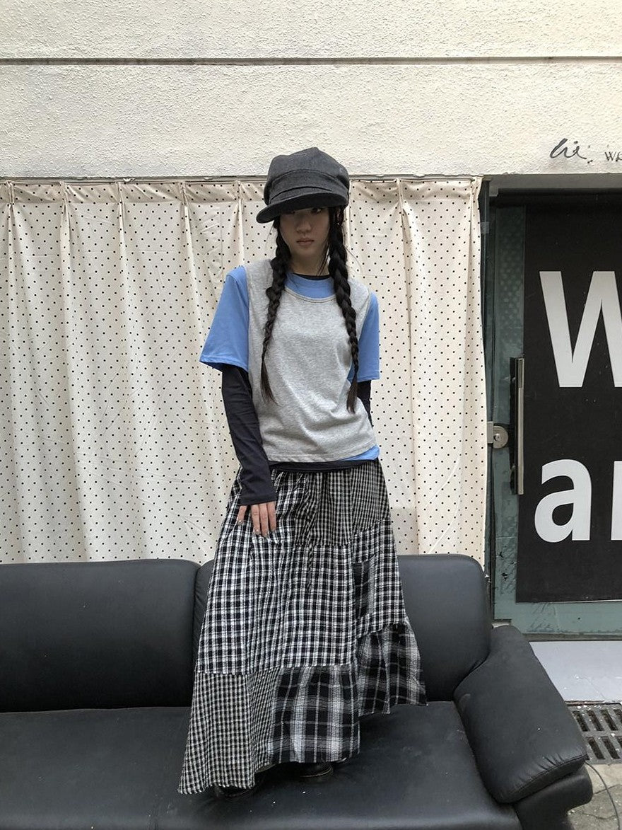 ang project Plaid Contrast Color Layered Retro Women&