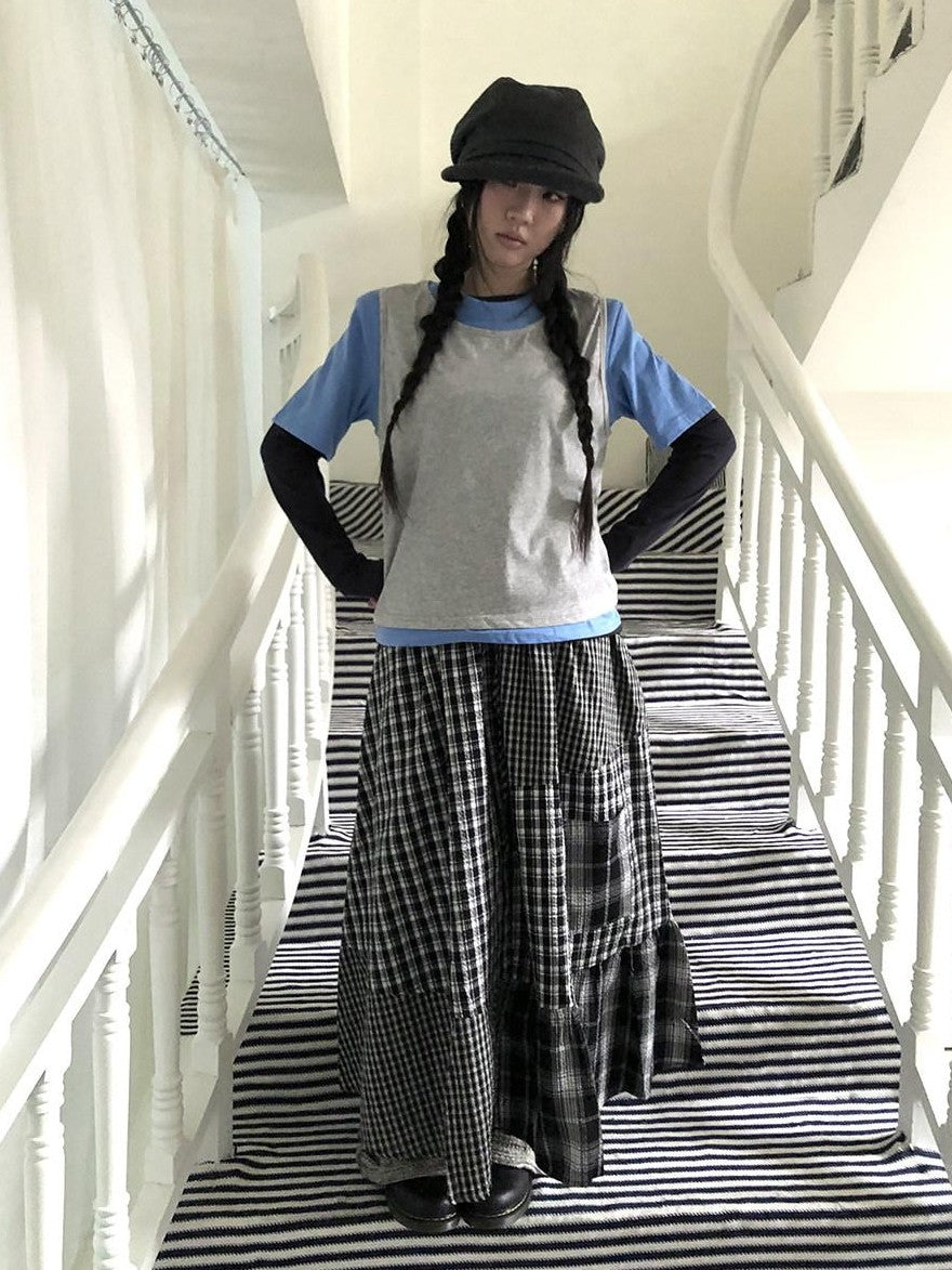 ang project Plaid Contrast Color Layered Retro Women&