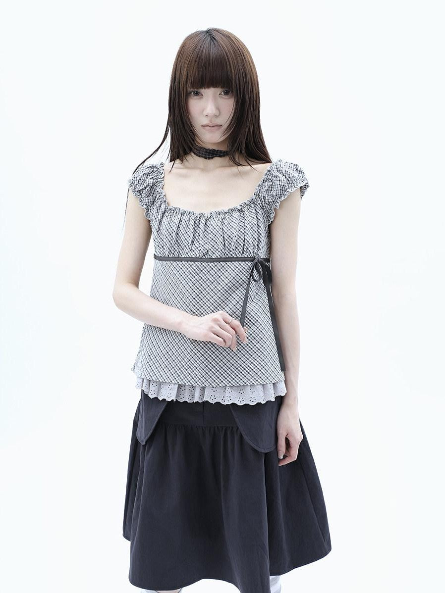 ang project Plaid Lace Spliced Bow Tie Square Neck Women&