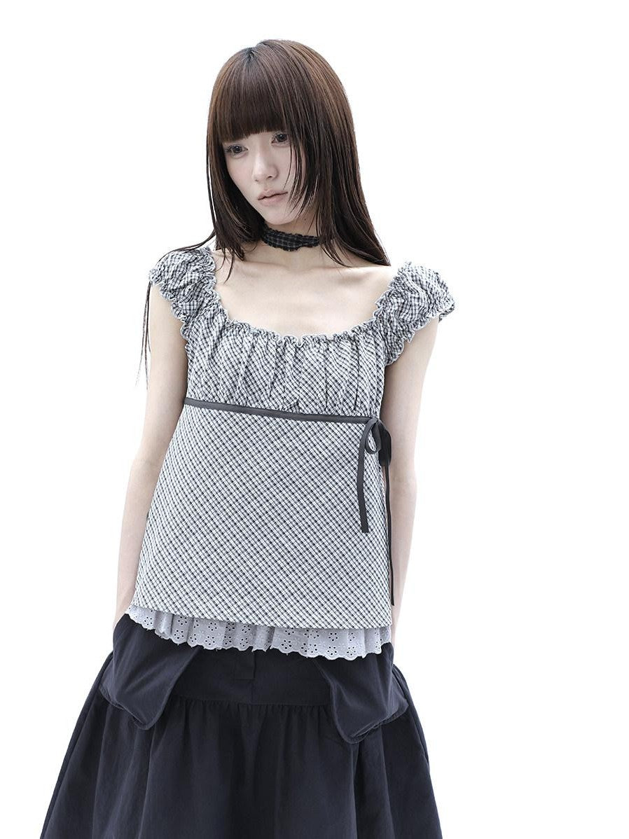 ang project Plaid Lace Spliced Bow Tie Square Neck Women&