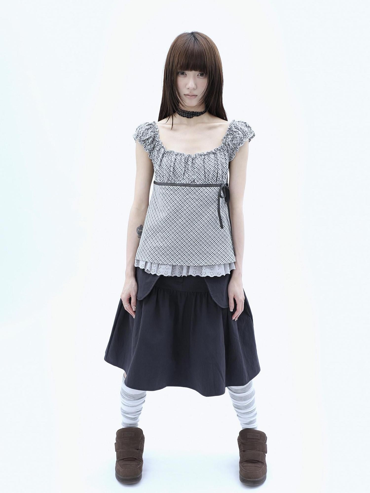 ang project Plaid Lace Spliced Bow Tie Square Neck Women&