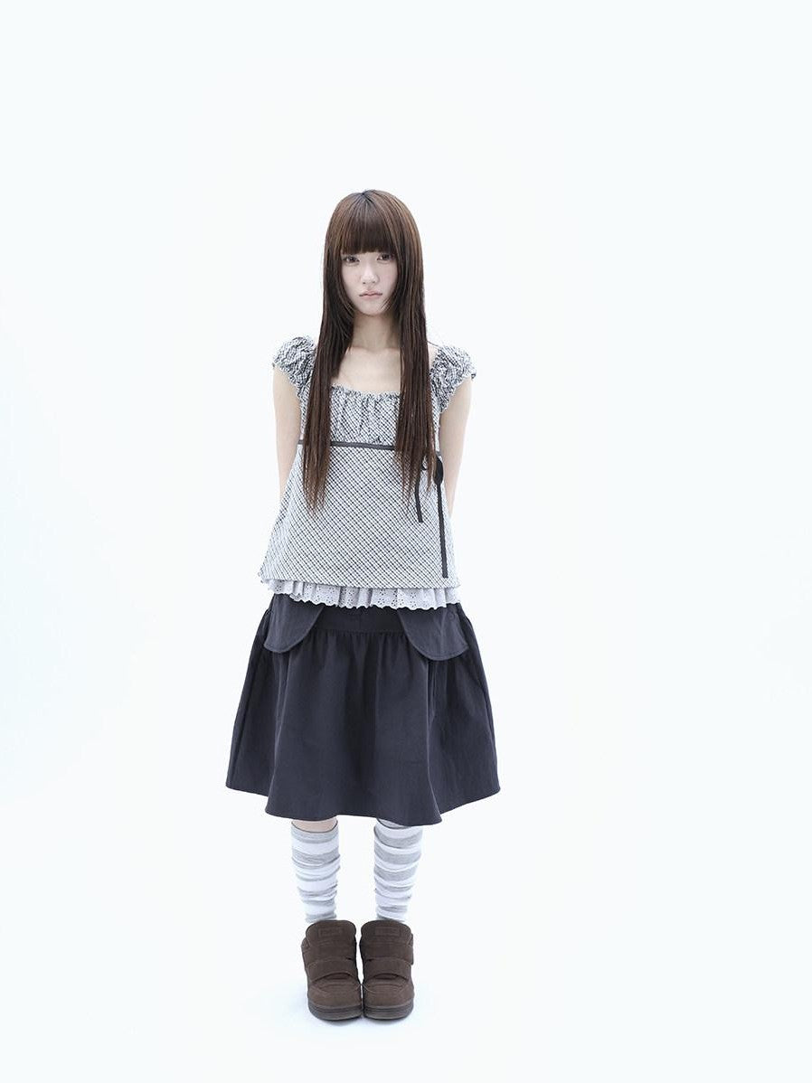ang project Plaid Lace Spliced Bow Tie Square Neck Women&
