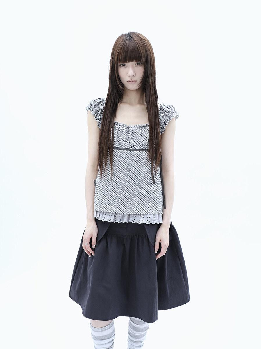 ang project Plaid Lace Spliced Bow Tie Square Neck Women&