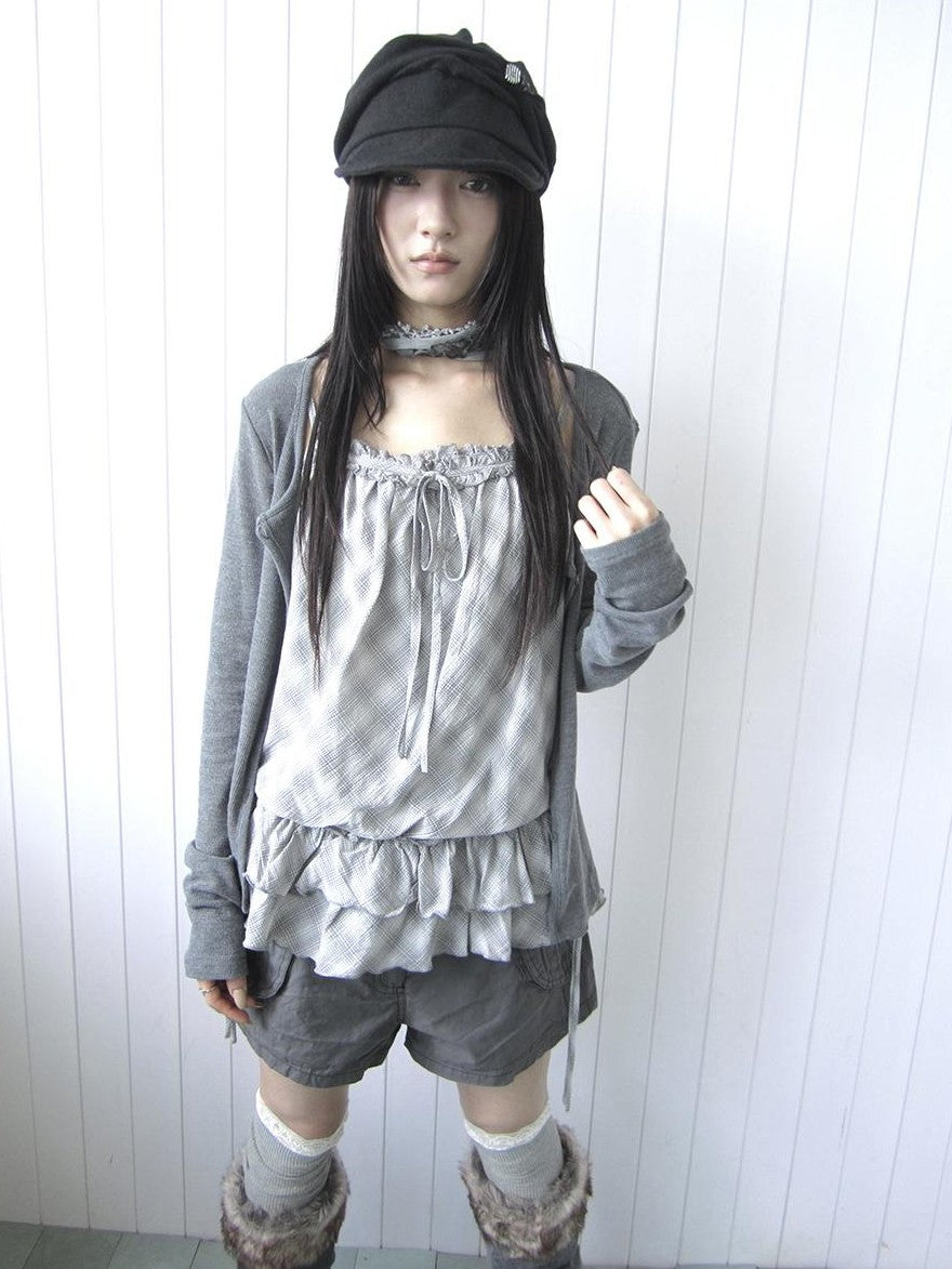 ang project Plaid Lace Trim Button Front Long Sleeve Two Piece Women&