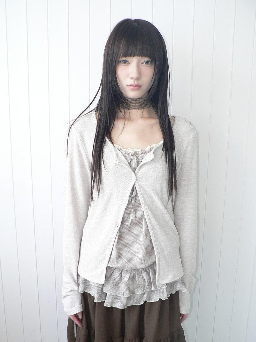 ang project Plaid Lace Trim Button Front Long Sleeve Two Piece Women&