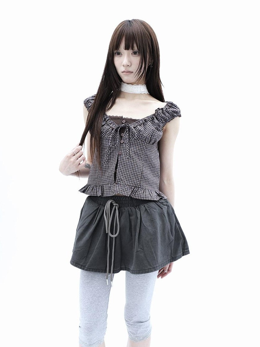 ang project Plaid Patchwork Lace Trim Cropped Puff Sleeve Women&