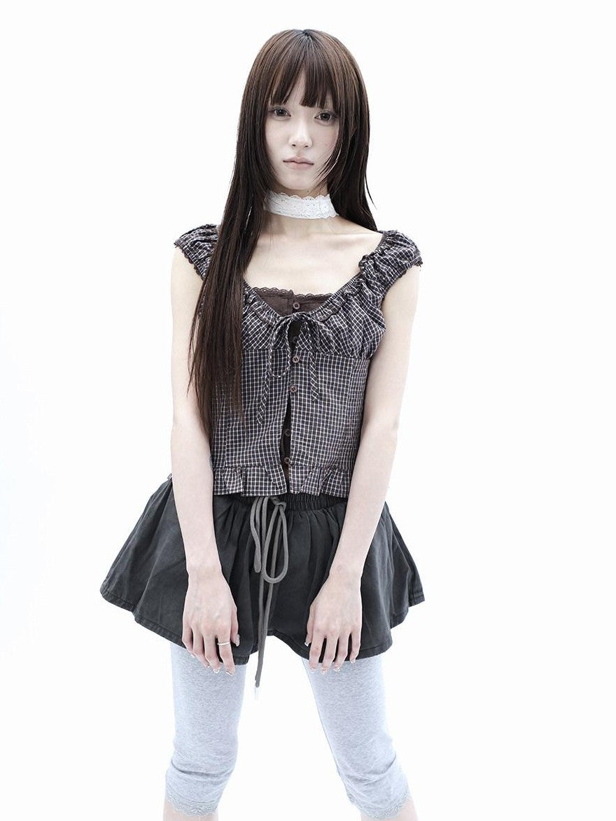 ang project Plaid Patchwork Lace Trim Cropped Puff Sleeve Women&