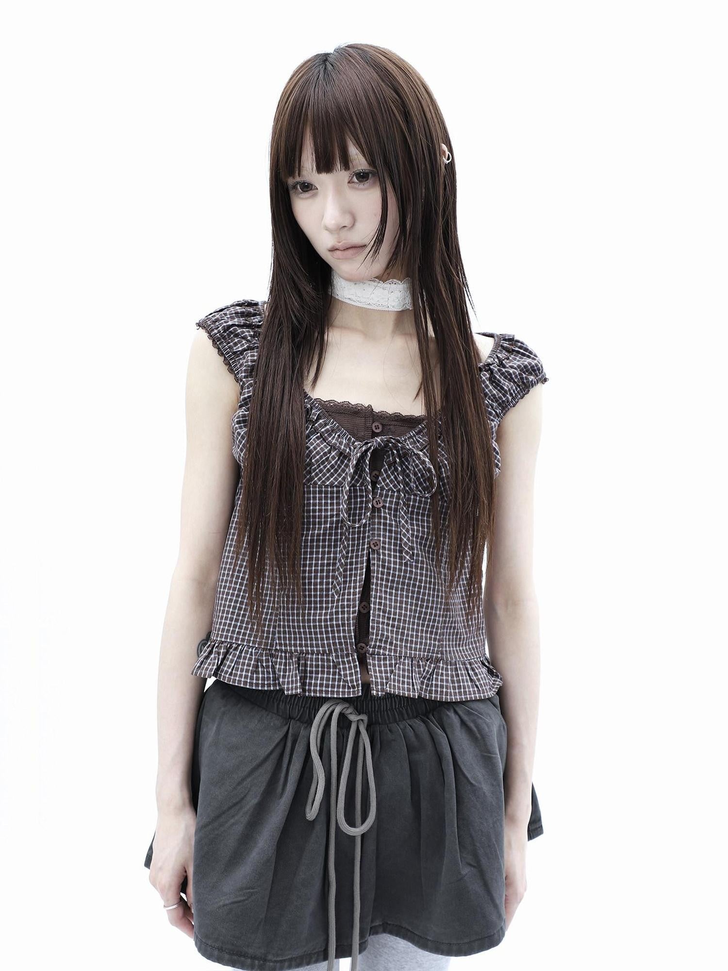 ang project Plaid Patchwork Lace Trim Cropped Puff Sleeve Women&