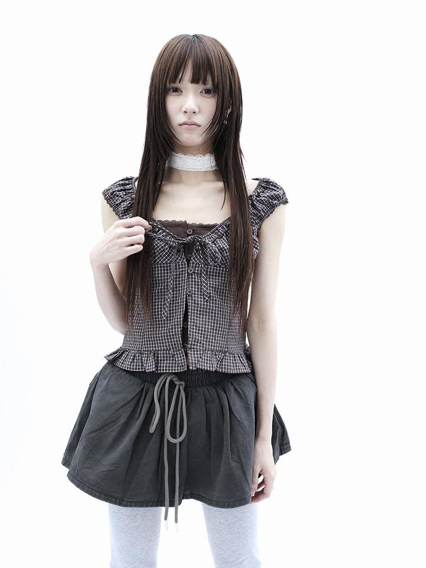 ang project Plaid Patchwork Lace Trim Cropped Puff Sleeve Women&