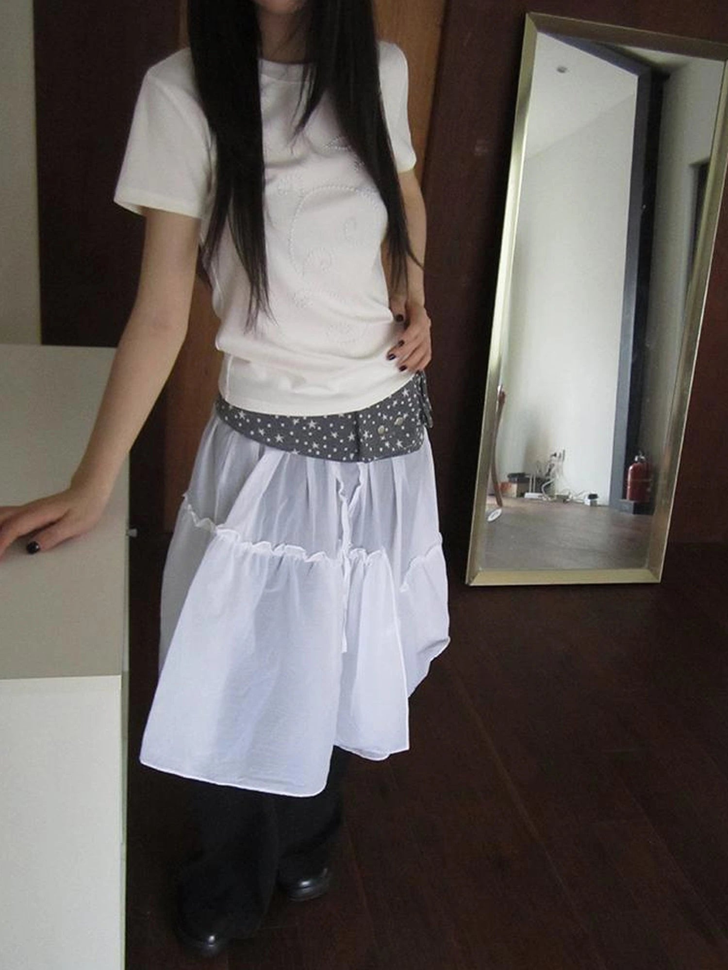Pleated Beaded Color Block Stretch Tee