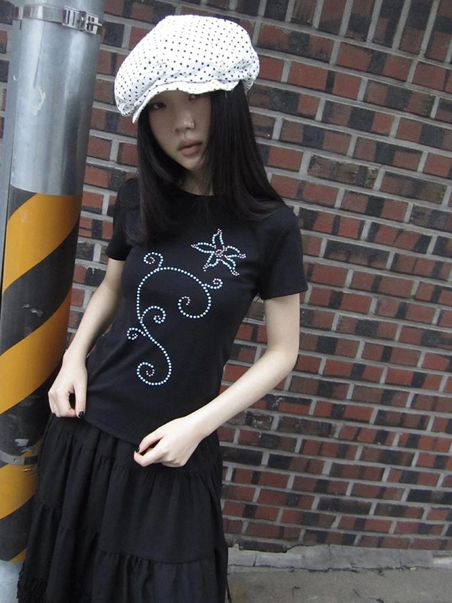 Pleated Beaded Color Block Stretch Tee