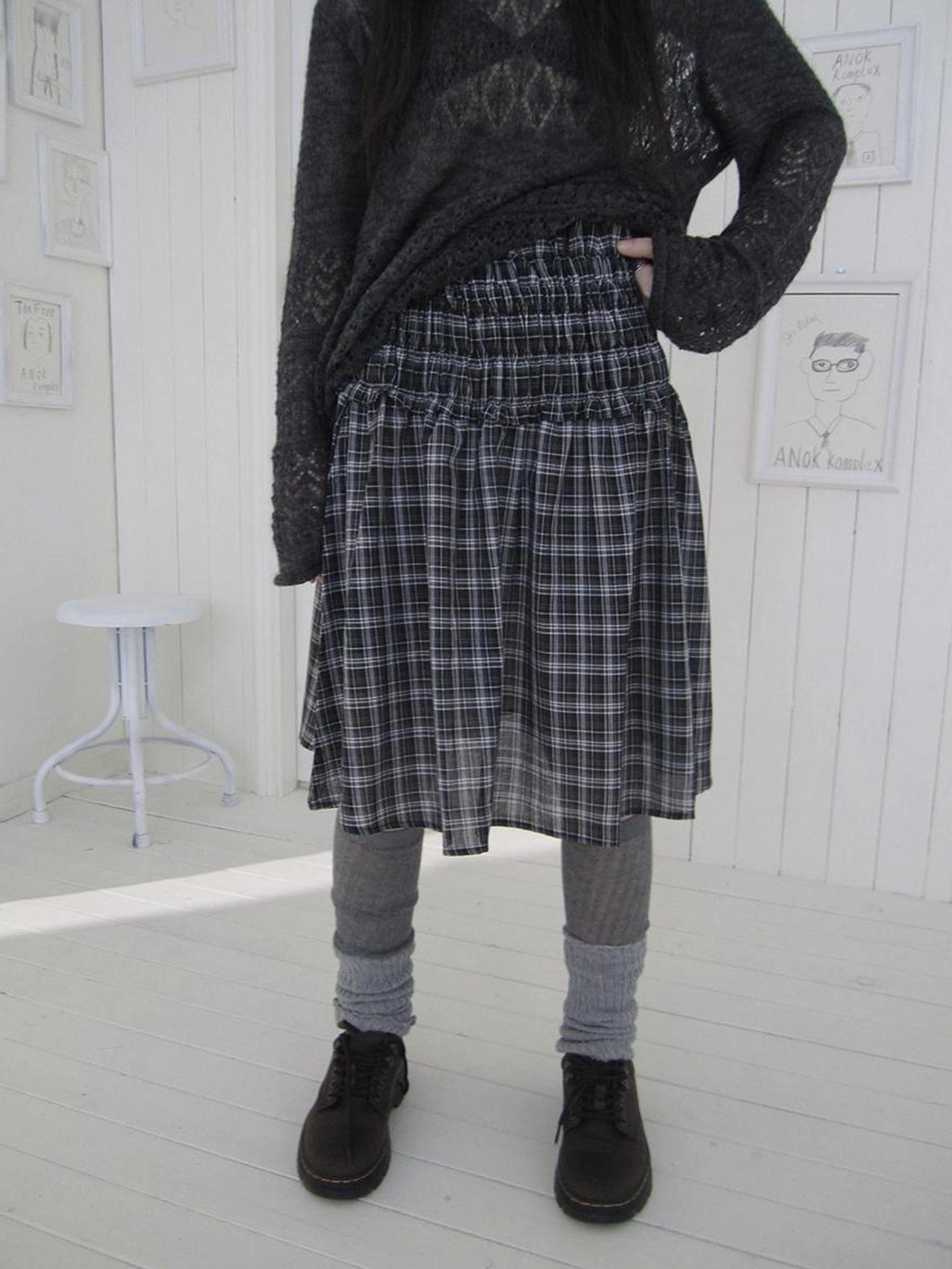 ang project Pleated Checkered Ruffle Hem A Line Skirt Skirt
