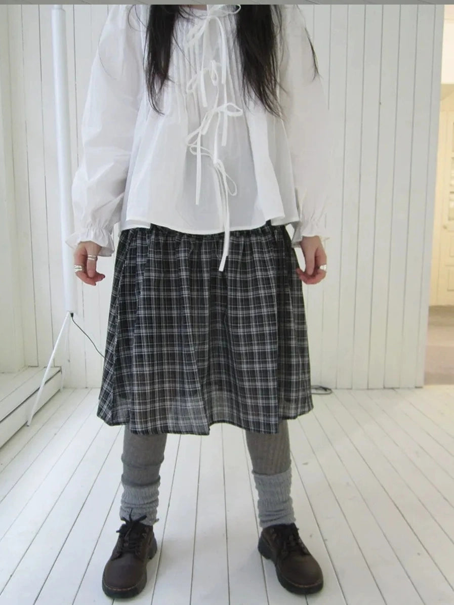 ang project Pleated Checkered Ruffle Hem A Line Skirt Skirt