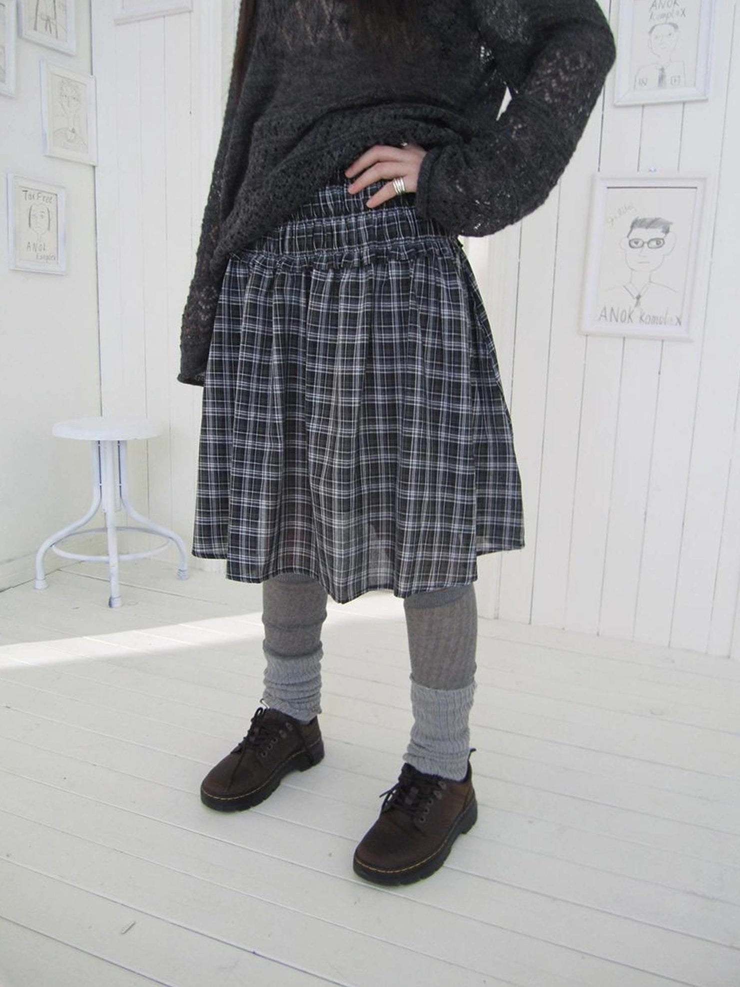 ang project Pleated Checkered Ruffle Hem A Line Skirt Skirt