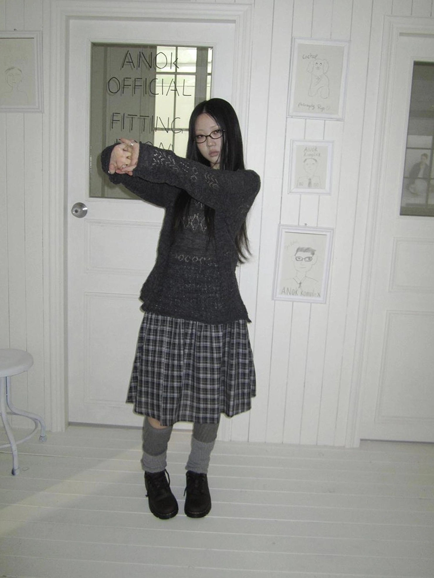 ang project Pleated Checkered Ruffle Hem A Line Skirt Skirt