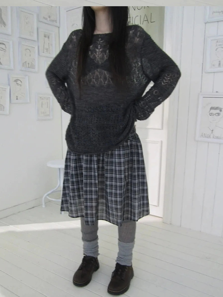 ang project Pleated Checkered Ruffle Hem A Line Skirt Skirt