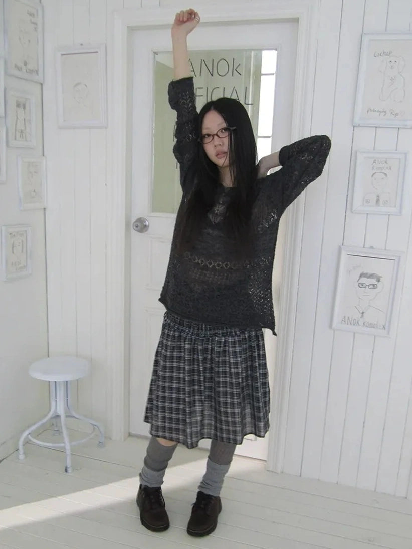 ang project Pleated Checkered Ruffle Hem A Line Skirt Skirt