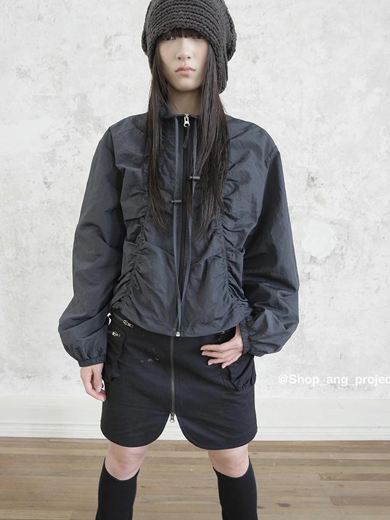 Pleated Drawstring Zipper Long Sleeve Jacket