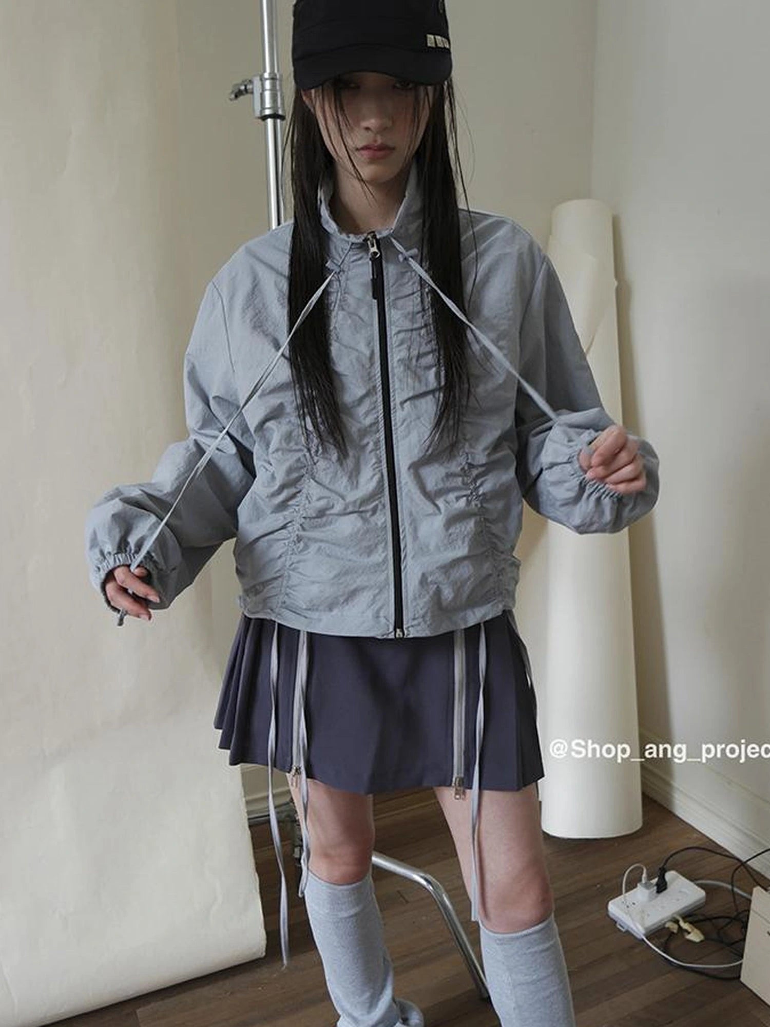 Pleated Drawstring Zipper Long Sleeve Jacket