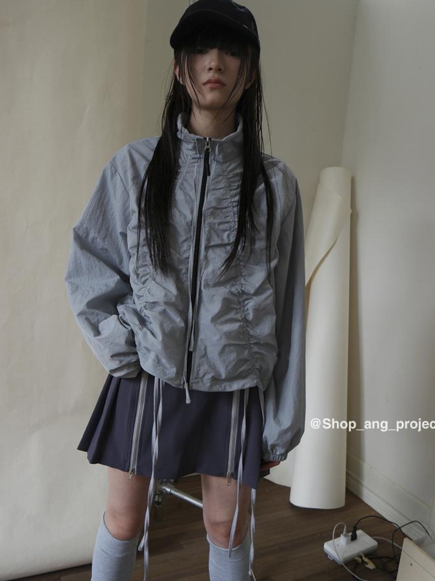 ang project Pleated Drawstring Zipper Long Sleeve Jacket