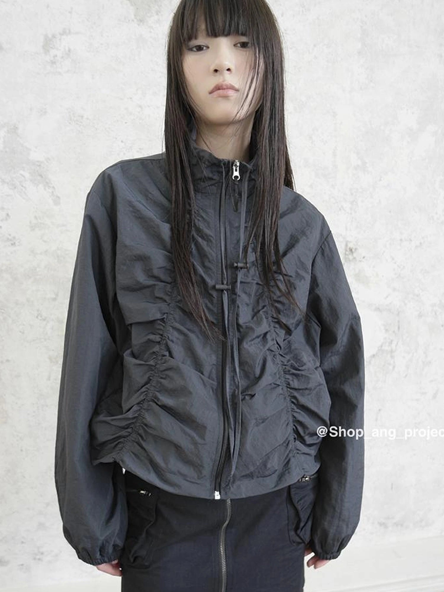 Pleated Drawstring Zipper Long Sleeve Jacket
