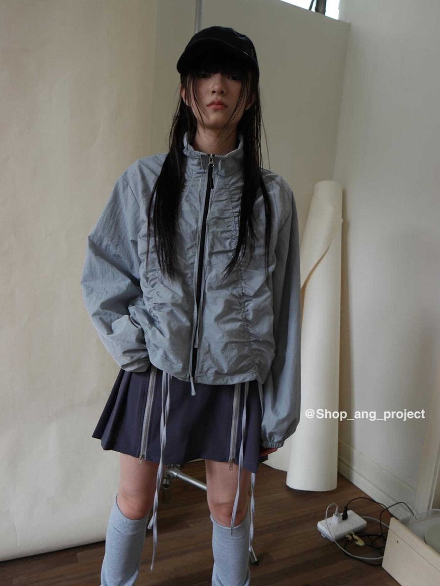 ang project Pleated Drawstring Zipper Long Sleeve Jacket